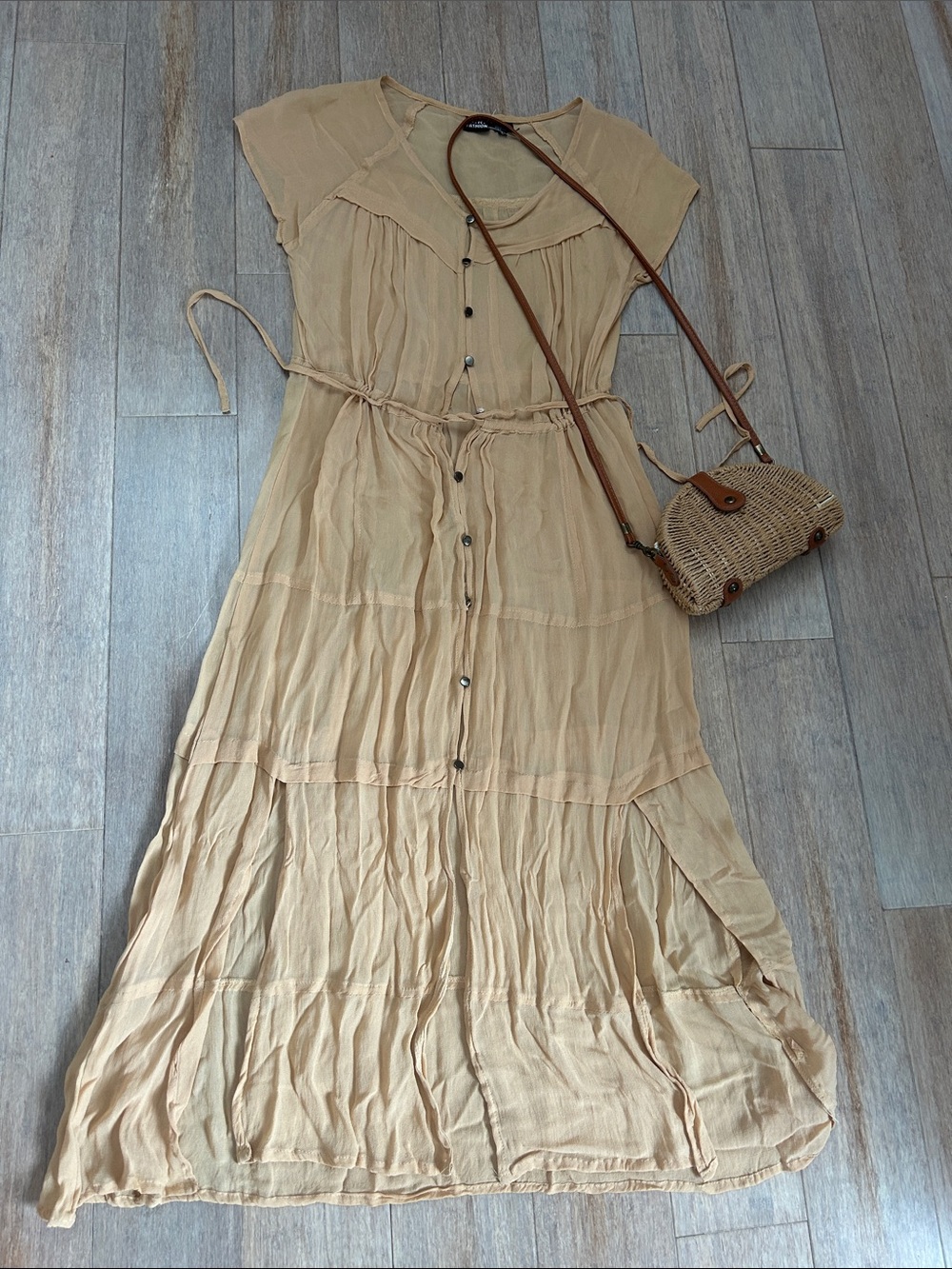 VTG Rayon Light Tan Midi Button-Front Dress with Waist beach coverup